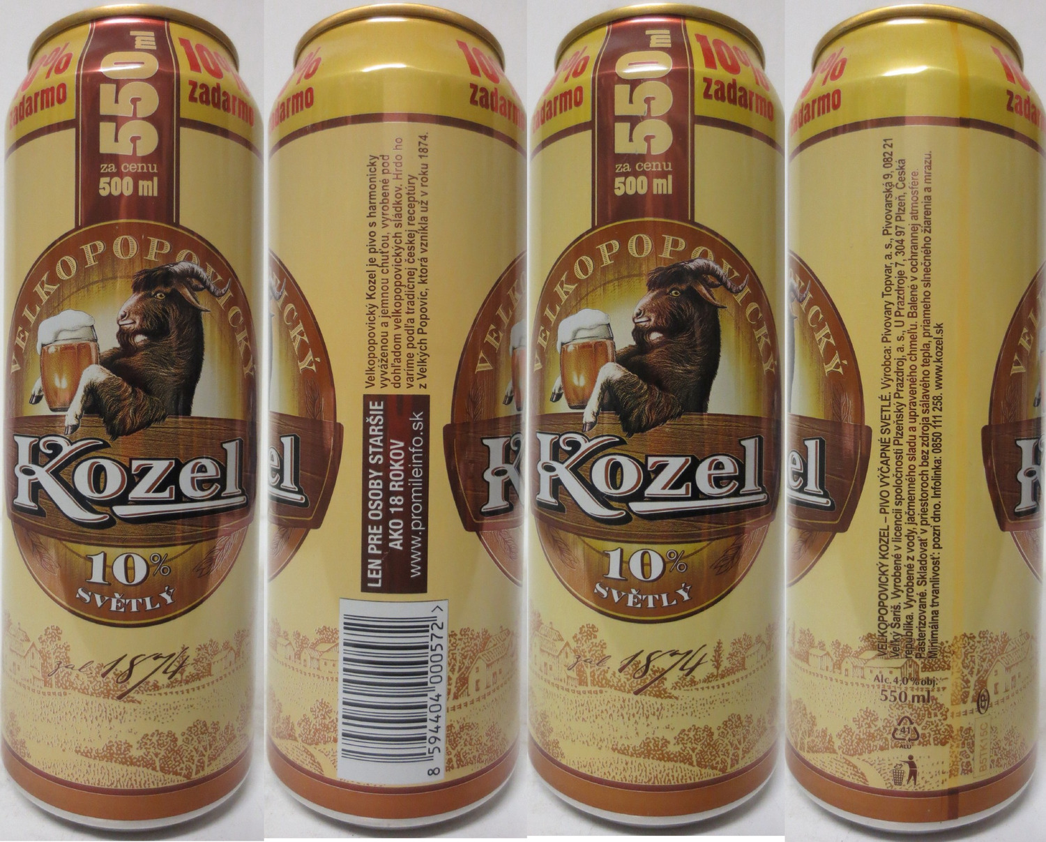 VELKOPOPOVICKÝ Kozel 10% SVĚTLÝ zal. 1874 550ml za cenu 500ml 10% zadarmo (SK) (55cl) (B/O) č.1 