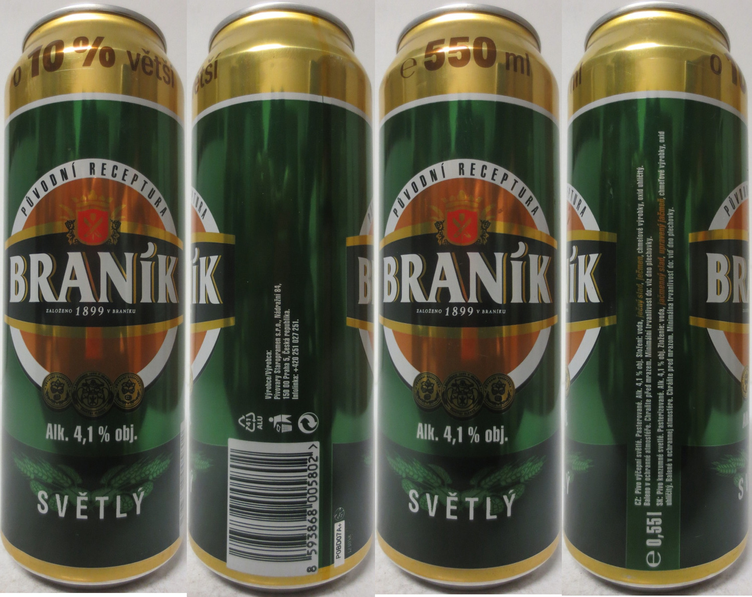 BRANÍK Alk. 4,1% obj. SVĚTLÝ o 10% větší (CZ) (55cl) (B/O) č.1 