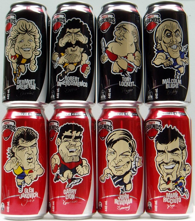Coca Cola "AFL" FOOTY LEGENDS set from AUSTRALIA (8 cans) (44cl) (B/O)