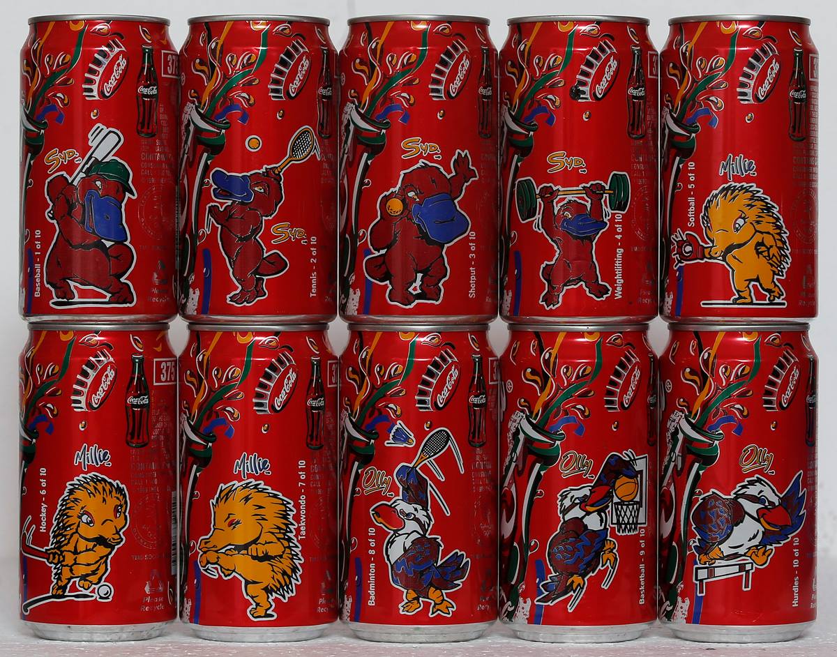 Coca Cola Sydney 2000 Olympic Games Mascot set from AUSTRALIA (10 cans) (37,5cl) (B/O)