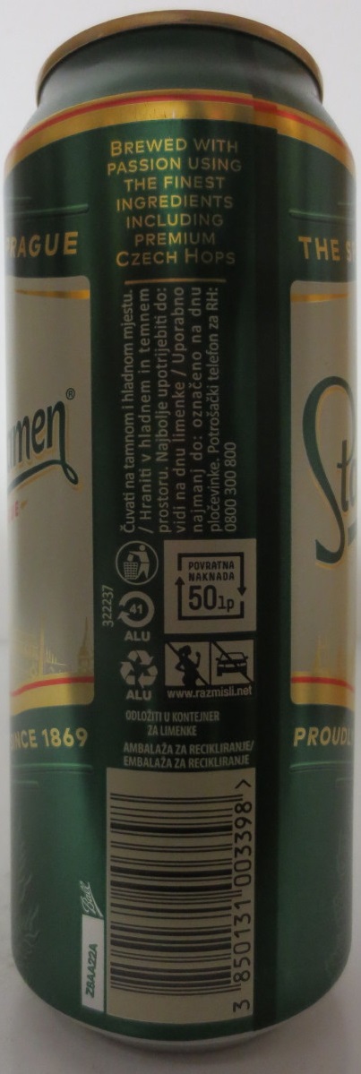 Staropramen EST. IN PRAGUE THE SPIRIT OF PRAGUE PROUDLY BREWED SINCE 1869 (HR) (50cl) (B/O) č.1