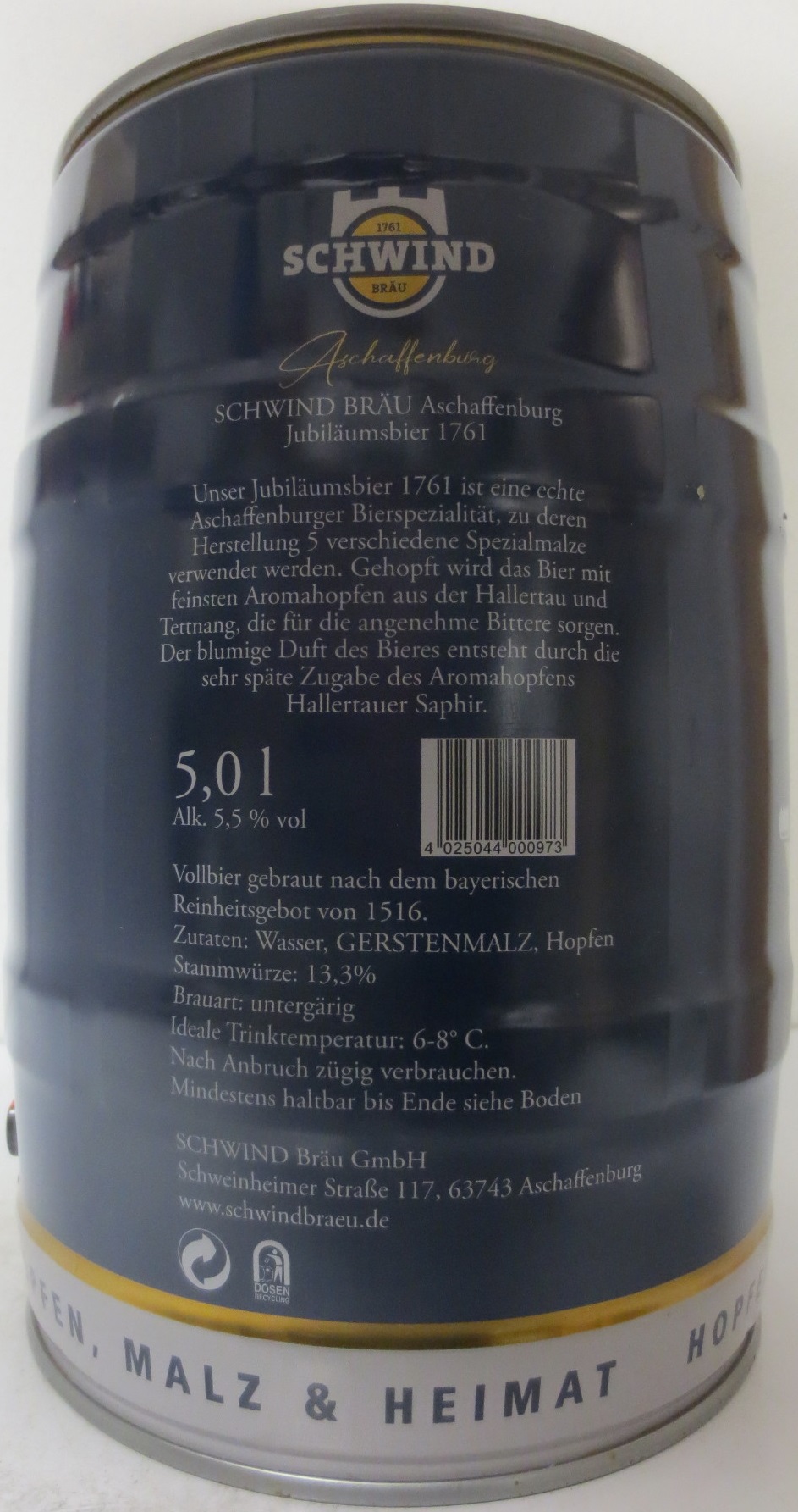 Schwind bräu Aschaffenburg 1761 JUBILÄUMSBIER (5L) Nr.1