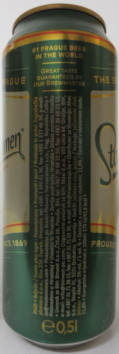 Staropramen EST. IN PRAGUE THE SPIRIT OF PRAGUE PROUDLY BREWED SINCE 1869 (HR) (50cl) (B/O) č.1