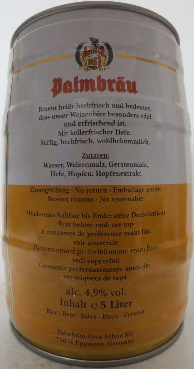 Palmbräu REZENT WEIZEN hell mit feiner Hefe (5L) Nr.1
