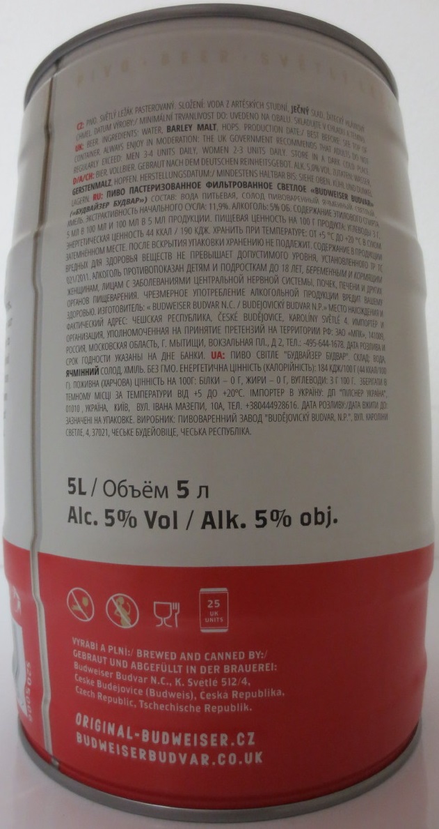 Budvar ORIGINAL CZECH LAGER 5% (5L) č.2 (bílý)