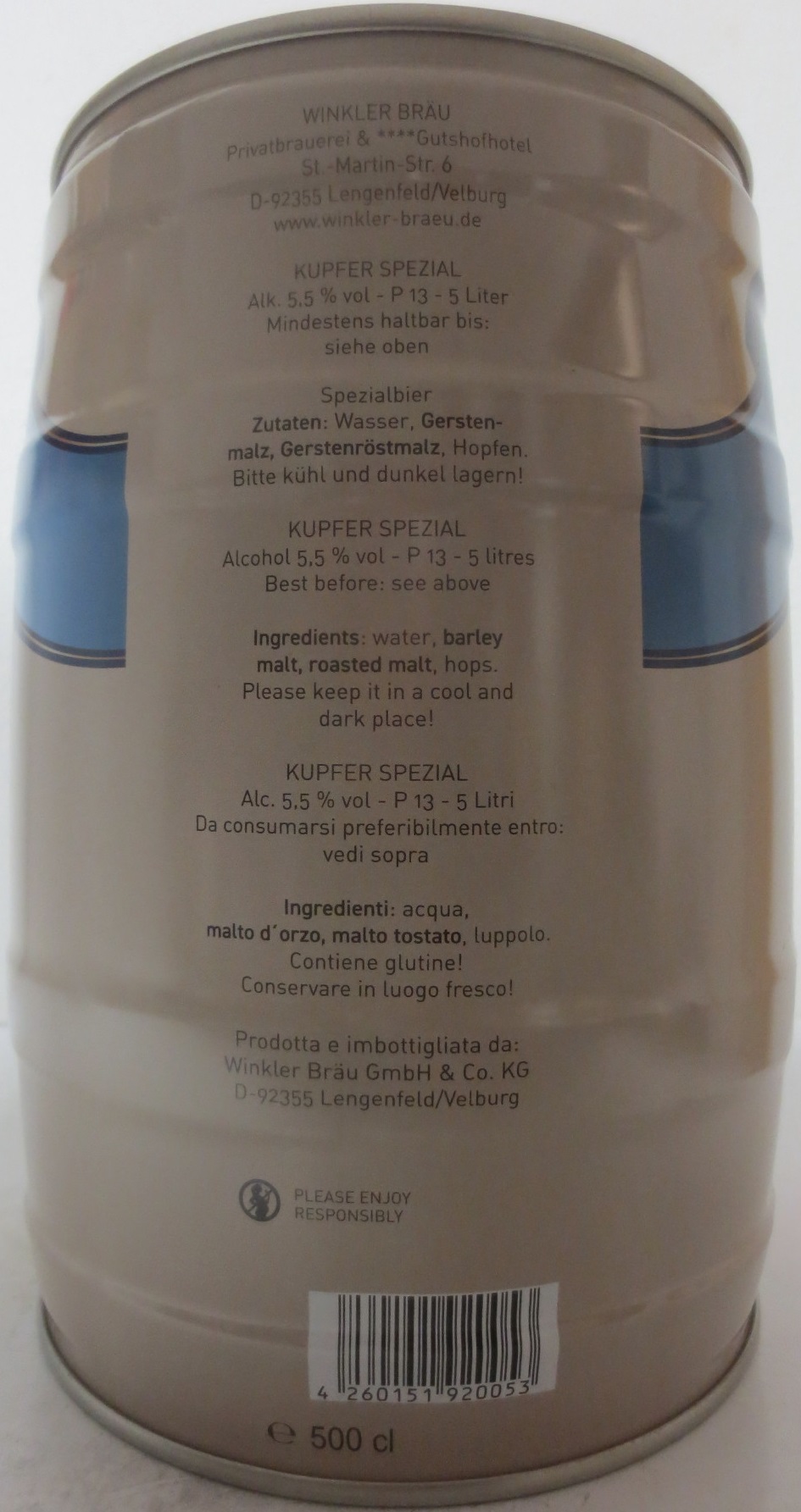 Winkler Bräu Lengenfeld seit 1828 Kupfert Spezial (5L) Nr.1