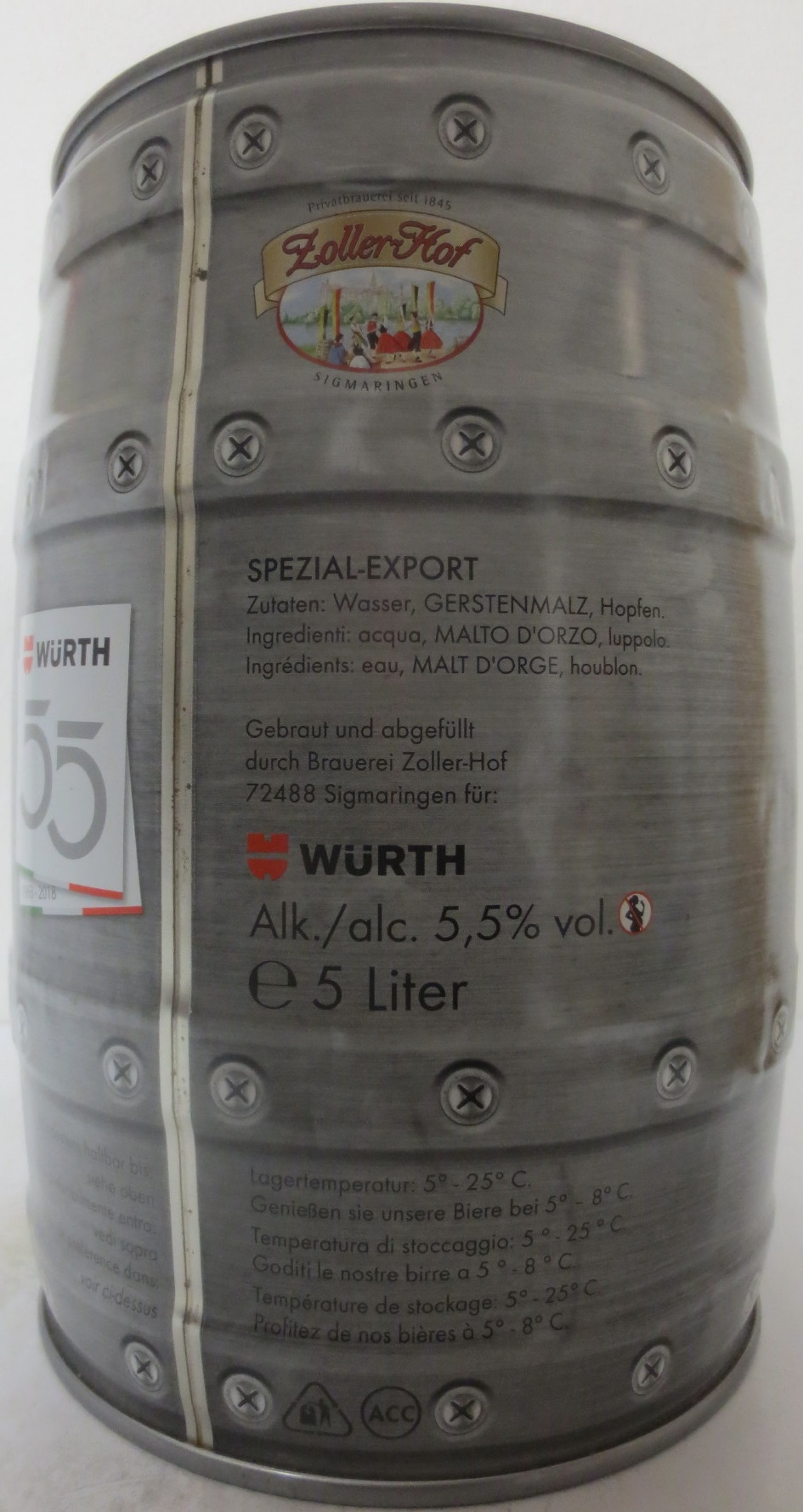 WÜRTH PREMIUM BEER Zoller-Hof SPEZIAL-EXPORT 1963-2018 55 (5L) Nr.1