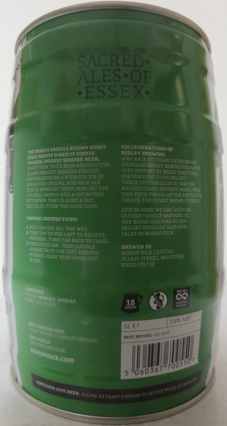 BISHOP NICK RIDLEY´S RITE PALE ALE 3,6% ABV (5L) Nr.1