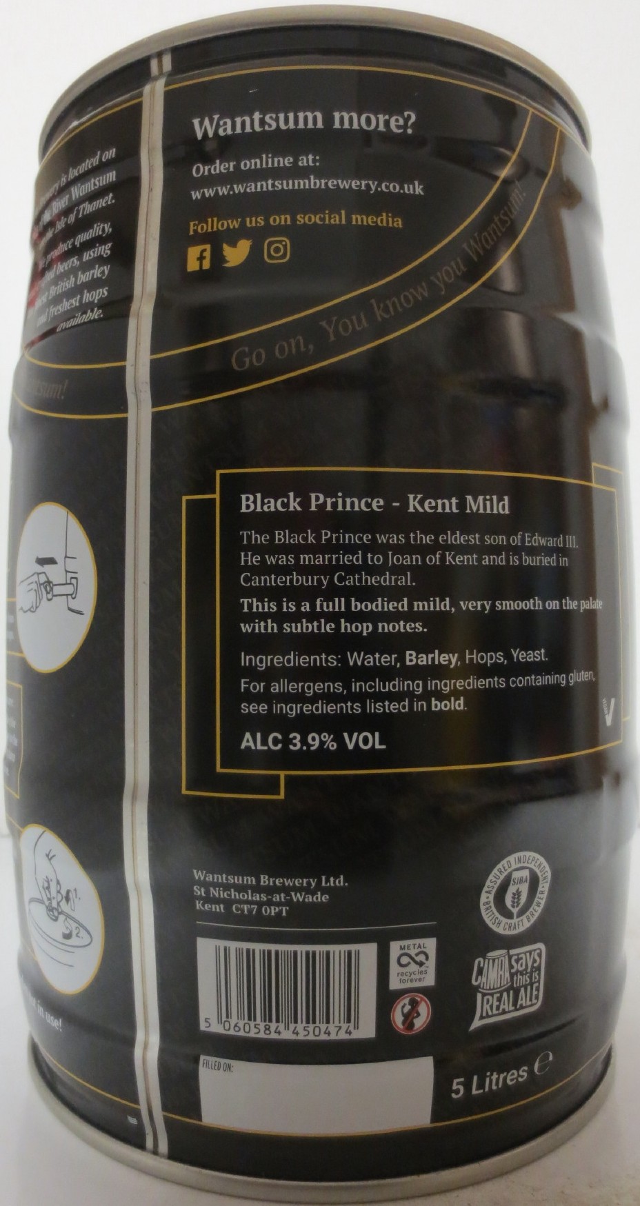 WANTSUM BLACK PRINCE Kent Mild ALC 3.9% VOL (5L) Nr.1